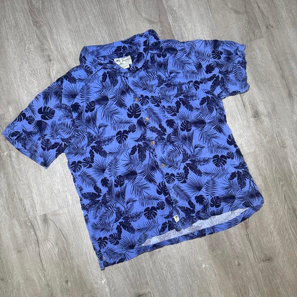 Blue Hawaiian graphic shirt with black leaf pattern